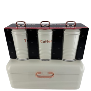 Stainless Steel Breadbin + Tea , Coffee & Sugar Gold Handle